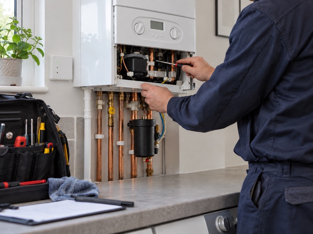 Heating engineer servicing a boiler in a customer's kitchen