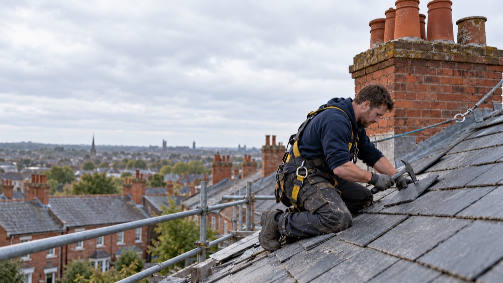 Roofer in a safety harness replacing slate tiles on a terraced house